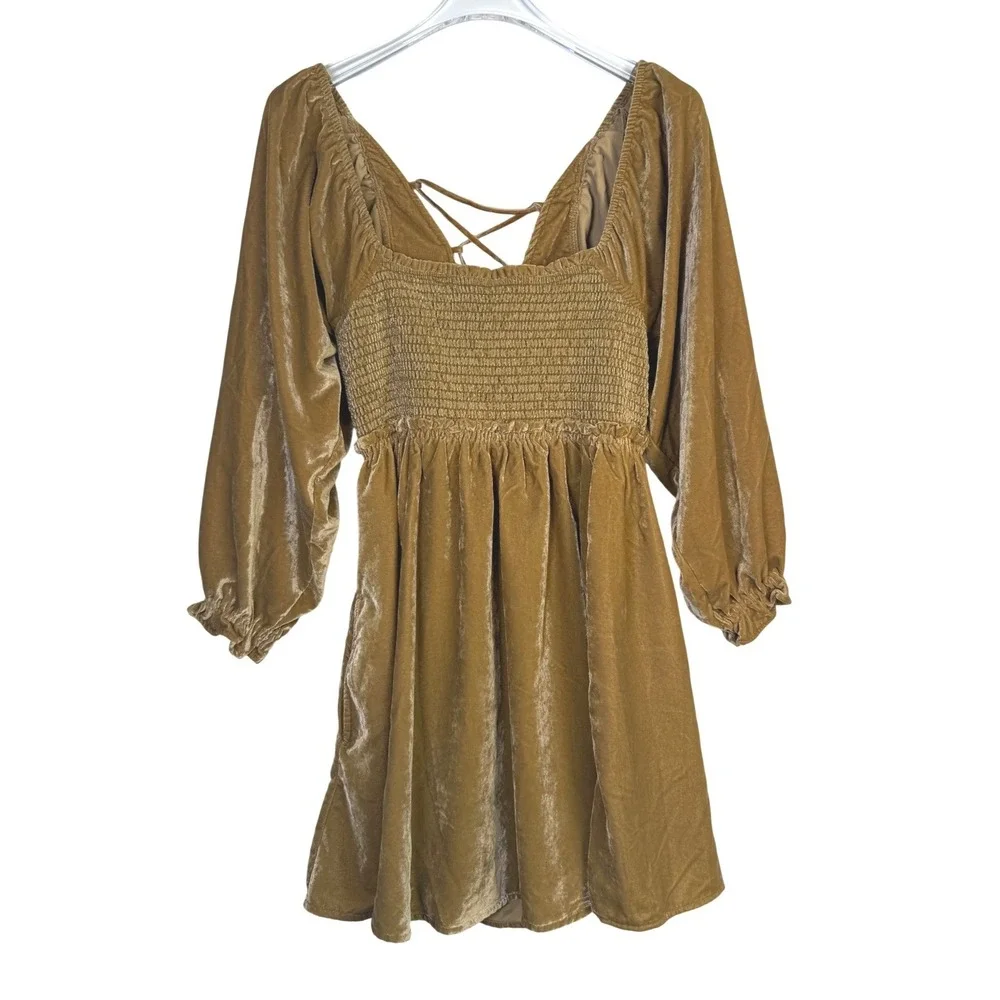 Free People Daphne Velvet Mini Dress Butterscotch Gold Lace Up Back OB1391930 S